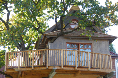 Treehouse glamping accommodation at Boomhut Wesertal in Hesse, built around a tree with a spacious deck.