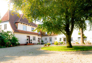 Alojamiento de glamping en Gesundheitshof Denker - Zigeunerwagen Jutland con gran patio y árbol frondoso.