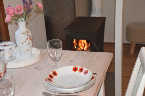 Gezellige tafel met bloemen, servies en houtkachel in de glamping accomodatie Jutland.
