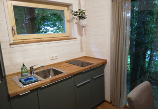 Angolo cottura moderno nella cabina Boomhut, grandi finestre, piano in legno e vista sulla foresta.