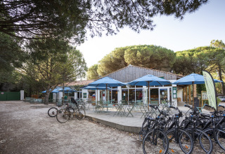 Buitenterras met fietsen bij Huttopia Chardons Bleus – Ile de Ré, glampingaccommodatie in Nouvelle-Aquitaine.