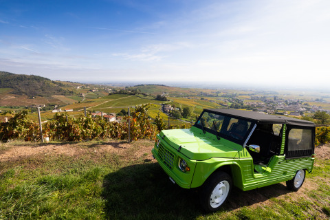 Lyst grøn bil parkeret ved Camping La Grappe Fleurie - Glamping Beaujolais med udsigt over vinmarker.