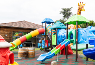 Colorful playground with slides and a giraffe figure at Camping La Grappe Fleurie - Glamping Beaujolais.