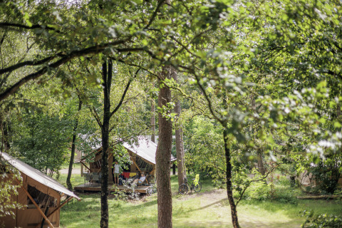 Tentes glamping au Camping Huttopia De Veluwe en Gelderland, nichées dans la verdure estivale.