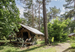 Tienda glamping en Camping Huttopia De Veluwe en Gelderland, rodeada de bosque y huéspedes disfrutando al aire libre.
