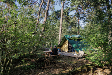 Glamping telt blandt træerne på Camping Huttopia De Veluwe i Gelderland, folk slapper af ved et picnicbord.