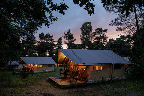 Glamping-Zelte bei Camping Huttopia De Veluwe in Gelderland, Niederlande, bei Sonnenuntergang im Wald.