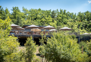 Terrasse med parasoller i naturrige omgivelser på Village Huttopia Sud Ardèche – Glamping Ardèche.