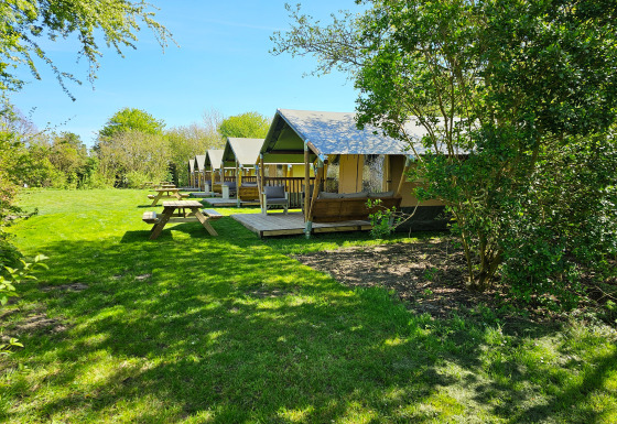 Glamping bij Minicamping Sint Jan - Safaritenten Zeeland met safaritenten en picknicktafels op het gras.