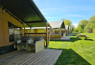 Moderne glamping- og campingtelte hos Minicamping Sint Jan - Safaritenten Zeeland på en solrig græsplæne.