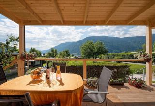 Udsigt fra overdækket terrasse med bord, stole og bjerglandskab på Wellnesscamping & Landhuis Parth, Østrig.