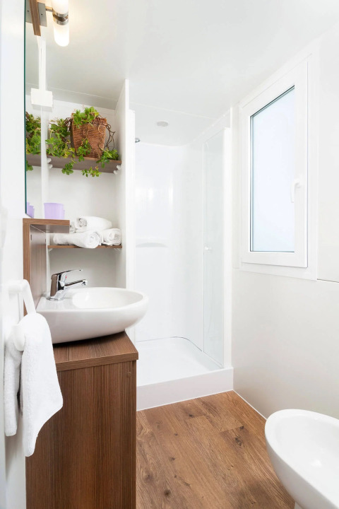 Bagno moderno nella struttura glamping Wellnesscamping & Landhuis Parth con pavimento in legno e piante.