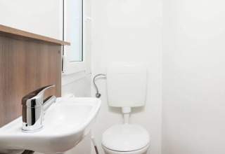 Salle de bain moderne et compacte au Wellnesscamping & Landhuis Parth avec WC, lavabo et sol en bois.