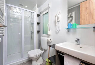 Salle de bain moderne au Wellnesscamping & Landhuis Parth, Autriche, avec douche, WC et lavabo.