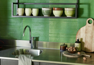 Lavello da cucina moderno con parete verde e mensole a vista in Buitenplaats Beekhuizen - Forest cabins Veluwe.