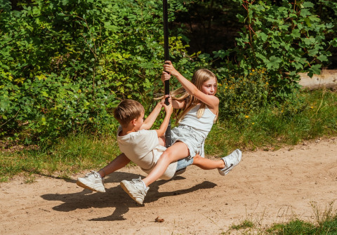 Twee kinderen spelen op een touwschommel in het bos bij Buitenplaats Beekhuizen - Forest cabins Veluwe.