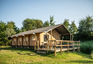 Glamping indkvartering ved Erfgoed Bossem - Lodgetenten Twente, telt med terrasse i grønne omgivelser.