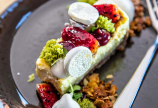 Dessert raffiné avec base de gâteau, fruits rouges frais, miettes vertes et meringue blanche sur assiette sombre.