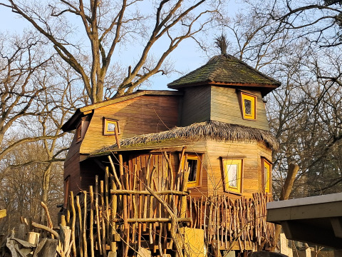 Originele boomhut glamping accommodatie in Dierentuin Schwerin met rustieke houtstructuur en charme.