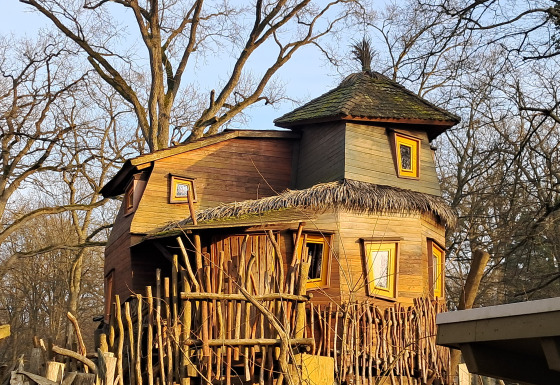 Única casa árbol para glamping en Dierentuin Schwerin, con arquitectura rústica de madera y detalles naturales.