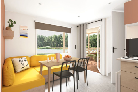 Modern glamping accommodation at Camping Alf - Chalets Rijnland-Palts with cozy interior and natural surroundings.