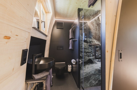 Salle de bain moderne dans le chalet premium Alpencamping Nenzing, Vorarlberg, avec équipements noirs et douche nature.