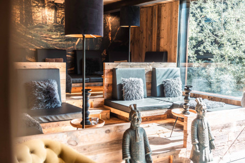 Modern lounge area in Alpencamping Nenzing’s premium chalet in Voralberg, featuring rustic wood and bright windows.