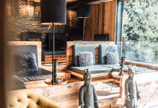 Moderne zithoek in premium chalet van Alpencamping Nenzing in Voralberg, met hout, glas en stijlvolle decoratie.