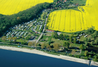 Luftfoto af Camping Ostseequelle nær stranden og gule marker ved Østersøen, Tyskland, glampingområde.