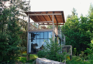 Glamping-Unterkunft Nutchel Cabins - Tiny Houses Elzas, ein modernes Baumhaus mit Glasfront im Wald.