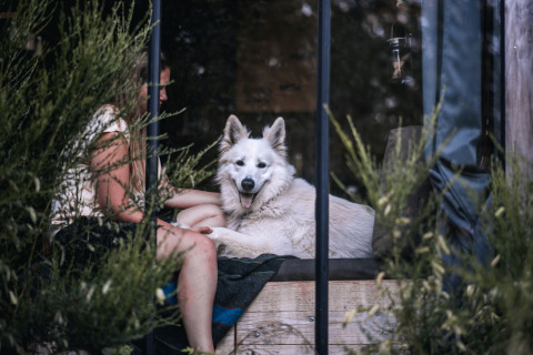Donna seduta con un grande cane bianco all'interno, circondata dal verde, presso Nutchel Cabins - Tiny Houses Elzas.