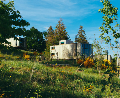 Nutchel Cabins - Tiny Houses Elzas glamping, omgeven door groene natuur en bomen onder een blauwe lucht.