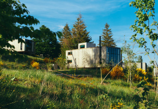 Nutchel Cabins – Tiny Houses Elzas: Glamping-Unterkünfte im Grünen mit moderner Holzarchitektur und Bäumen.