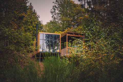 Nutchel Cabins - Tiny Houses Elzas glamping accommodatie midden in het bos omgeven door groen.