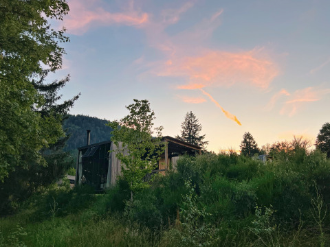 Nutchel Cabins - Tiny Houses Elzas glamping accommodation surrounded by nature and trees at sunset.