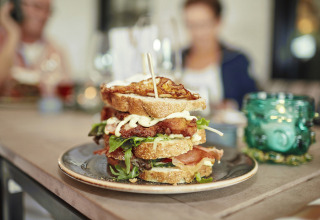 Gestapelde sandwich op een bord bij Recreatiepark TerSpegelt WaterLodges Brabant, glamping of kampeerplek.