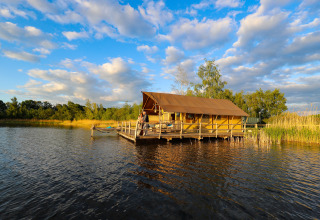Sistemazione glamping sull'acqua al Recreatiepark TerSpegelt - WaterLodges Brabant immersa nella natura.