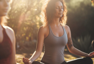 Mujer meditando al aire libre en Lavita Camp Cagliari - Glampingtenten Sardinië, ambiente tranquilo.