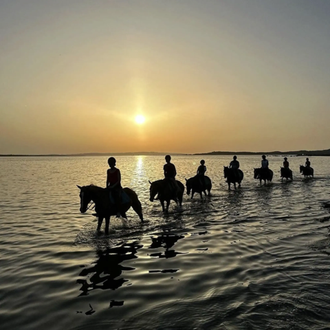 Zonsondergang bij Lavita Camp Cagliari, Sardinië, mensen maken een paardrijtocht door ondiep water.