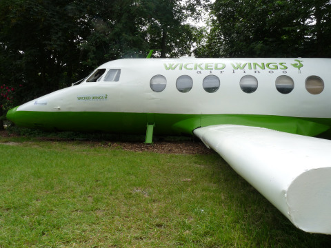 Alloggio glamping unico nel Sud dell’Olanda, utilizzando la carlinga di un jet Wicked Wings Airlines verde.