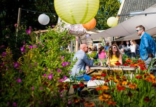 Fête en plein air à De Vreemde Vogel avec lanternes colorées, fleurs et invités souriants lors d’un glamping.