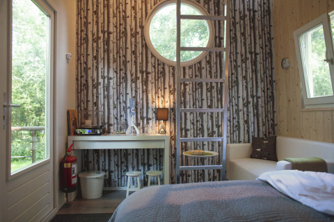Modern glamping accommodation with round window, forest wallpaper, and cozy furnishings in Zuid-Holland.