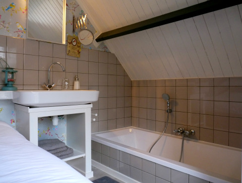 Modern bathroom at De Vreemde Vogel glamping in South Holland, featuring a bathtub, sink, and sloped ceiling.