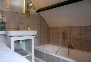 Modern badkamer bij De Vreemde Vogel glamping in Zuid-Holland, met bad, wastafel en schuin plafond.