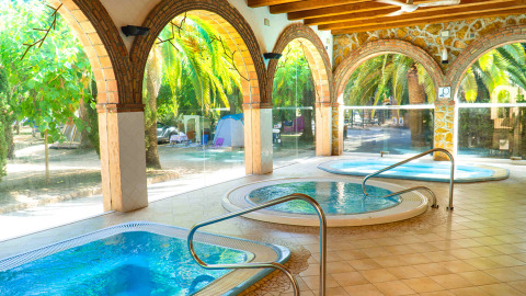 Indoor spa area with hot tubs and views of palm trees at Camping & Resort La Torre del Sol, Costa Dorada.