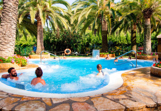 Des personnes se détendent dans une piscine entourée de palmiers au Camping & Resort La Torre del Sol - Safaritenten Costa Dorada.