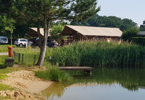 Hébergement glamping au bord d'un lac avec lodges-tentes, parking et verdure au Camping Heidekamp.