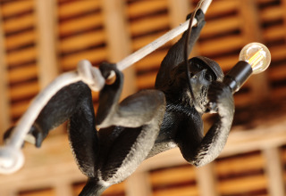 Lampe originale en forme de singe tenant une ampoule au Kimaro Farmhouse - Safaritenten Bourgogne glamping.