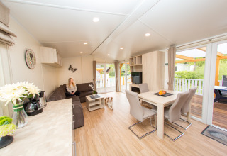 Moderne glamping-accommodatie bij Camping en Vakantiepark Teichmann - Glamping Hessen met toegang tot terras.