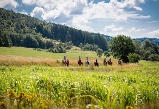 Groep geniet van paardrijden over groene velden bij Camping en Vakantiepark Teichmann - Glamping Hessen.